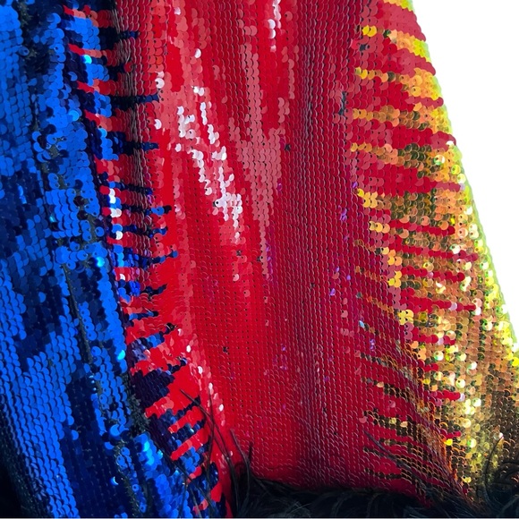 Queen of Sparkles Multicolor Sequin Stripe Feather Sleeveless Top Small - Picture 12 of 13